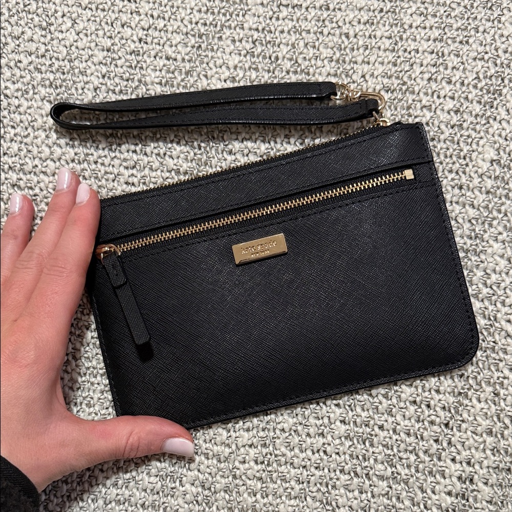 Kate Spade Black Leather Wristlet with Gold Accents